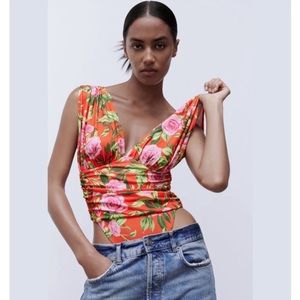 ZARA Small FLORAL PRINTED DRAPED BODYSUIT